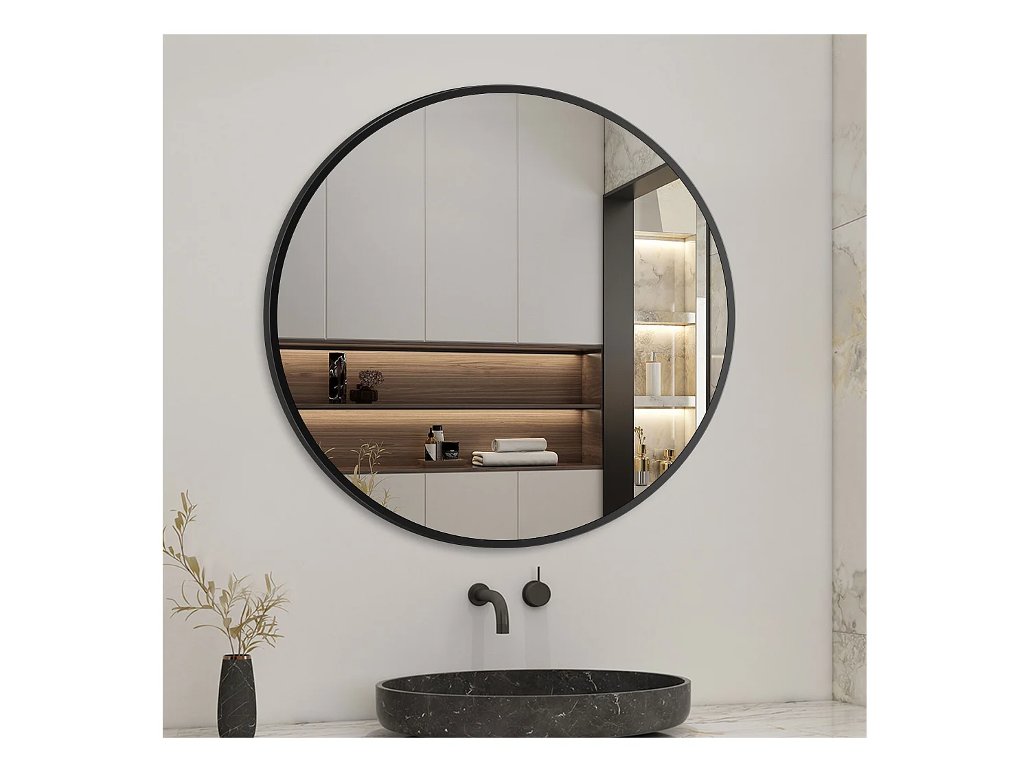 Miroir Mural de Salle de Bain Rond noir 50cm, cadre en aluminium miroir Aica