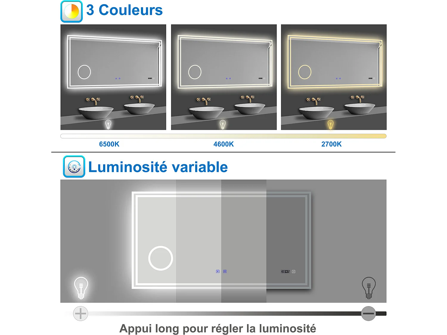 Miroir Salle de Bain LED 80x60cm avec Bluetooth, Horloge, 3 Couleurs, Grossissant 3x Aica