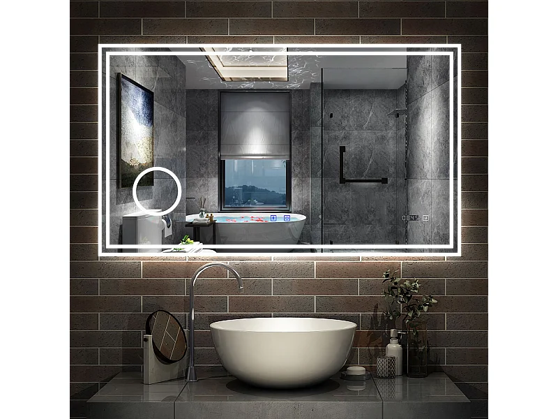 Miroir Salle de Bain LED 80x60cm avec Bluetooth, Horloge, 3 Couleurs, Grossissant 3x Aica
