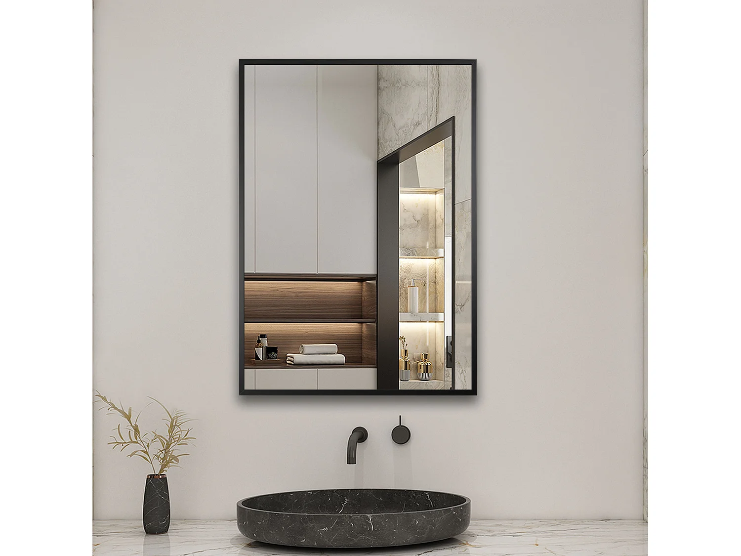 Miroir Mural de Salle de Bain Rectangle noir 60 x80cm, cadre en aluminium miroir Aica