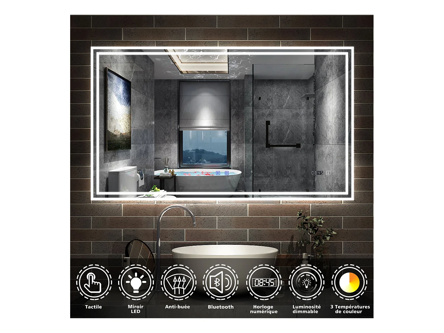 Miroir Salle de Bain LED avec Bluetooth 120x70cm, Horloge+3 Couleurs Dimmable+Anti-buée Aica