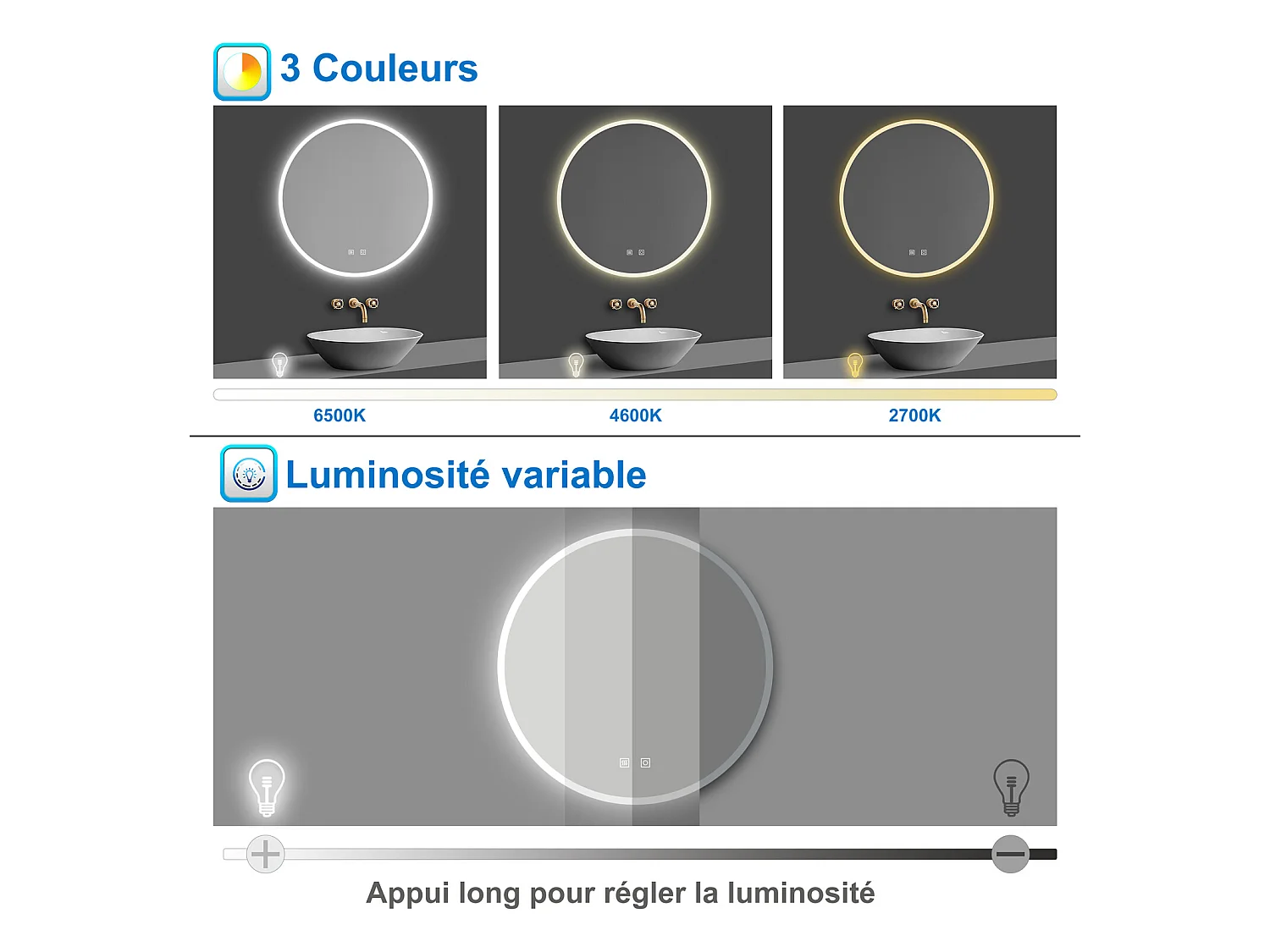 Miroir de Salle de Bain rond LED 80cm avec Bluetooth+Anti-buée+3 Couleurs+Dimmable Aica