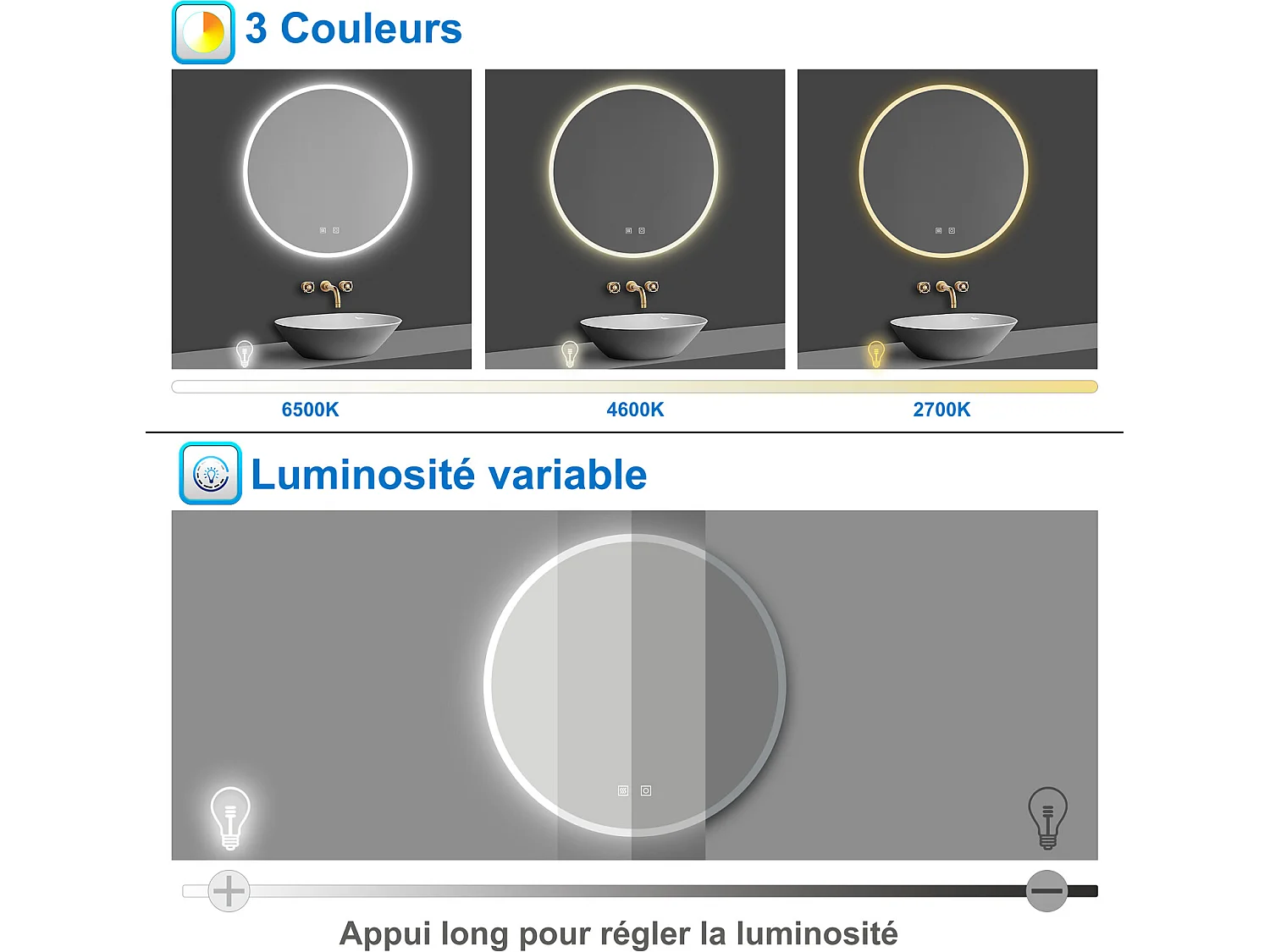 Miroir de Salle de Bain rond LED 80cm avec Bluetooth+Anti-buée+3 Couleurs+Dimmable Aica