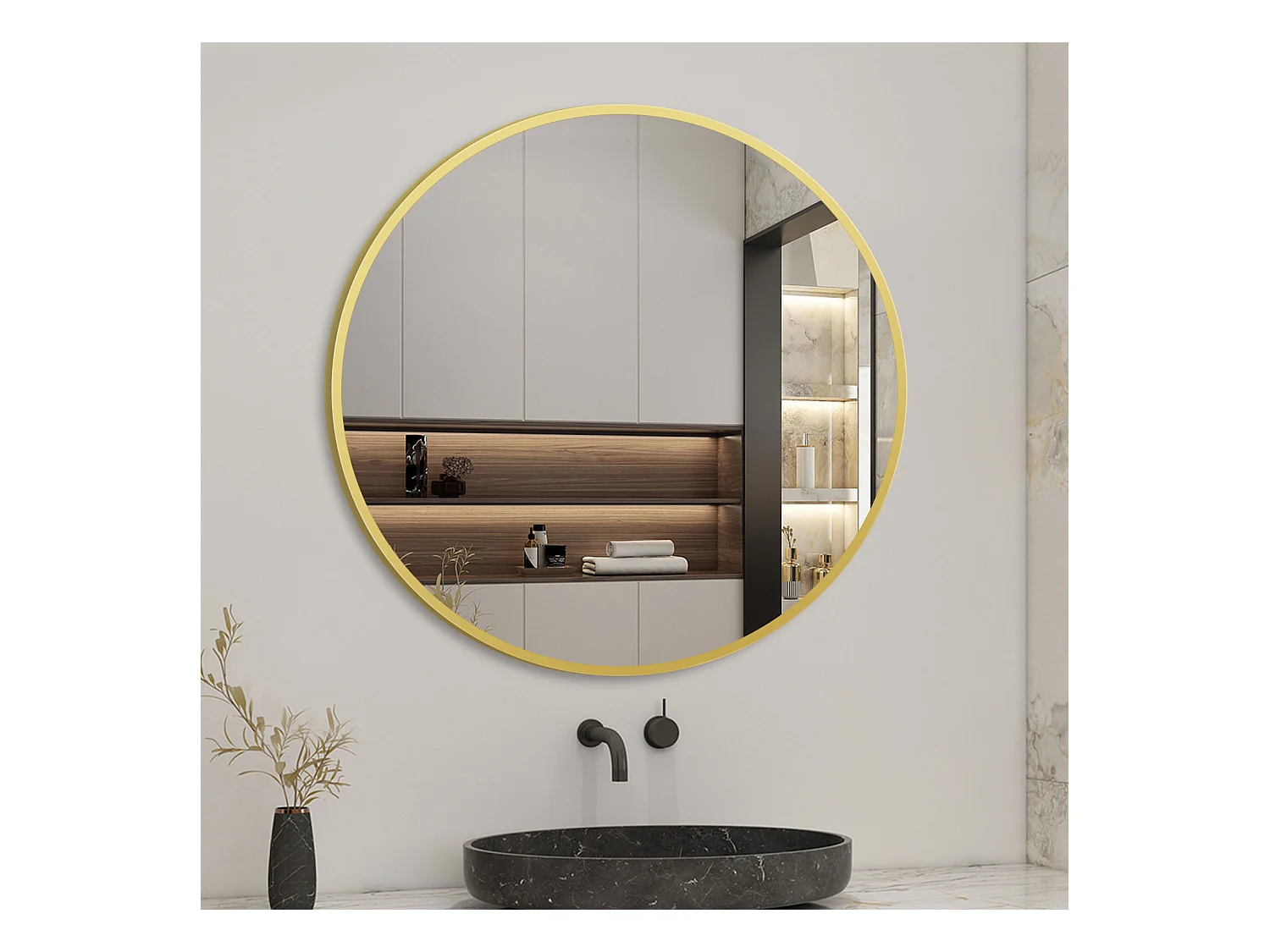 Miroir Mural de Salle de Bain Rond doré 50cm, cadre en aluminium miroir Aica