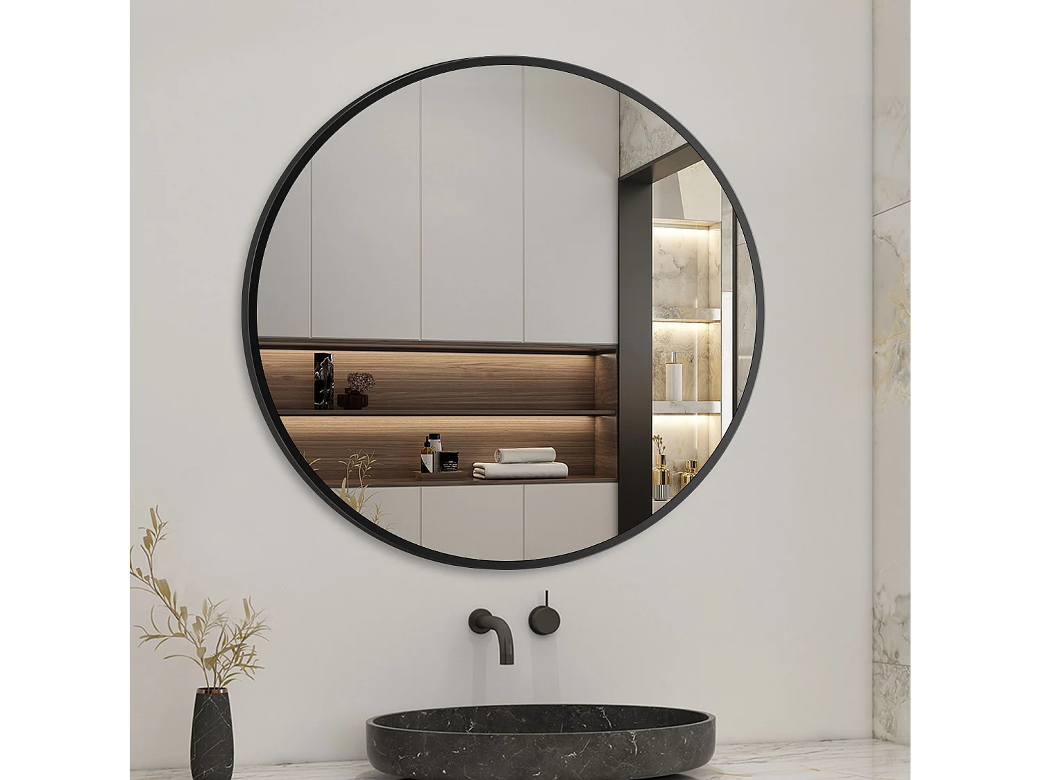 Miroir Mural de Salle de Bain Rond noir 70cm, cadre en aluminium miroir Aica