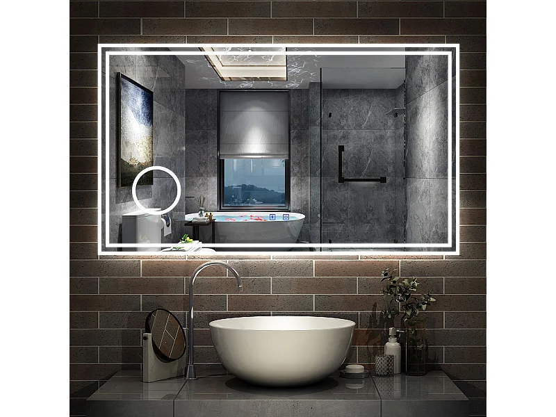 Miroir Salle de Bain LED avec Bluetooth 100x60cm, 3 Couleurs, Anti-buée, Grossissant 3x Aica