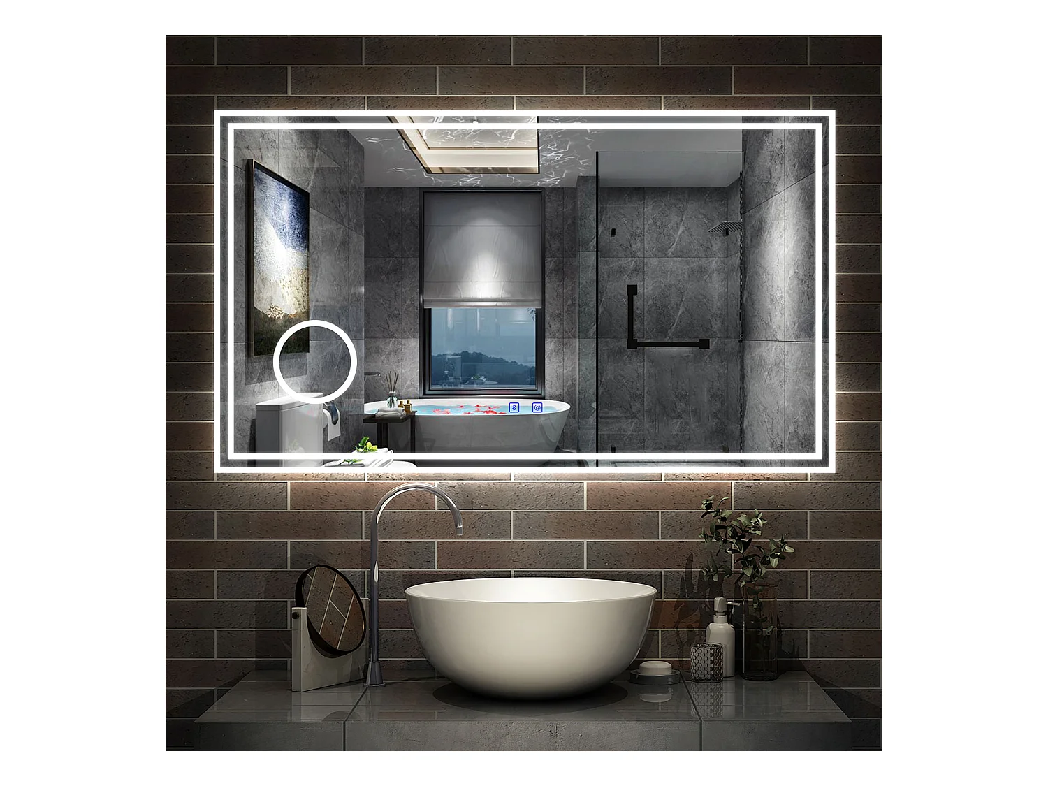 Miroir Salle de Bain LED avec Bluetooth 100x60cm, 3 Couleurs, Anti-buée, Grossissant 3x Aica