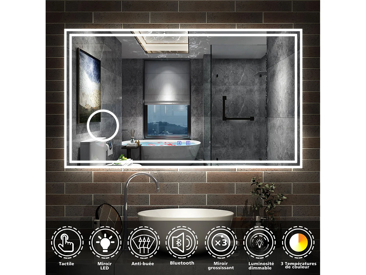 Miroir Salle de Bain LED avec Bluetooth 100x60cm, 3 Couleurs, Anti-buée, Grossissant 3x Aica