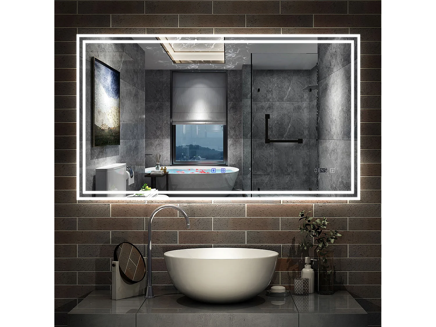 Miroir Salle de Bain LED avec Bluetooth 140x80cm, Horloge+3 Couleurs Dimmable+Anti-buée Aica