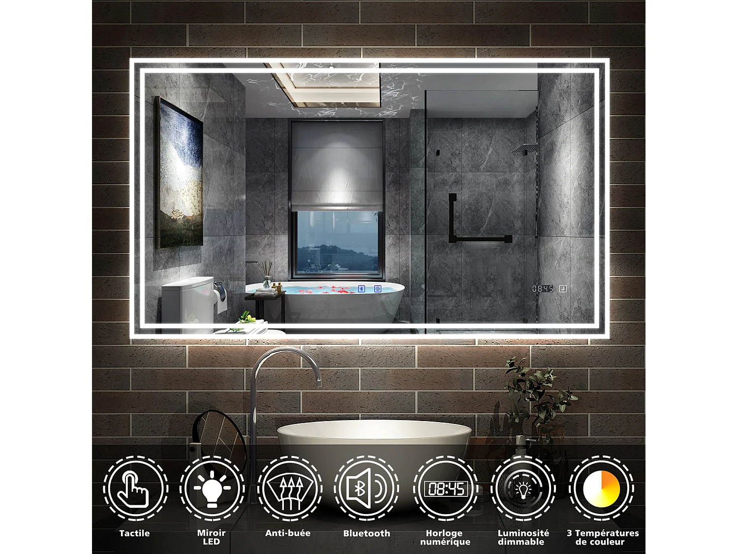 Miroir Salle de Bain LED avec Bluetooth 140x80cm, Horloge+3 Couleurs Dimmable+Anti-buée Aica