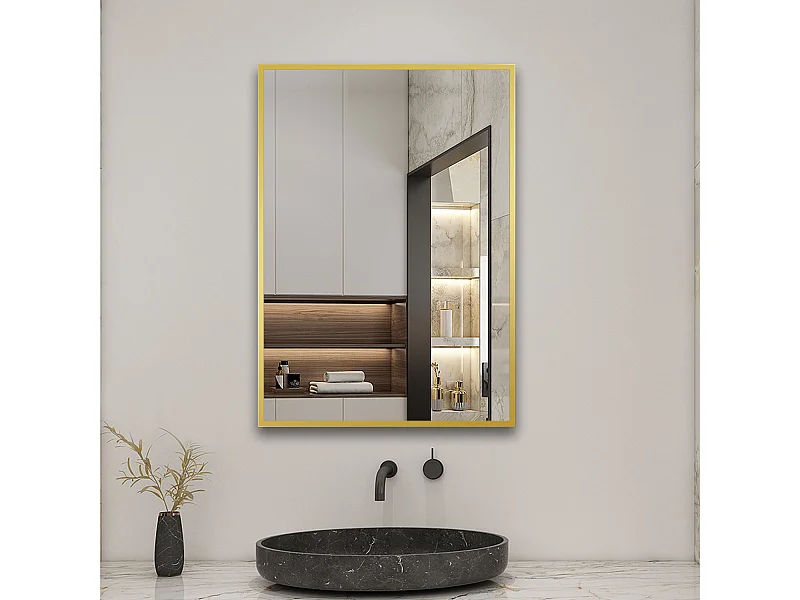 Miroir Mural de Salle de Bain Rectangle doré 50 x70cm, cadre en aluminium miroir Aica