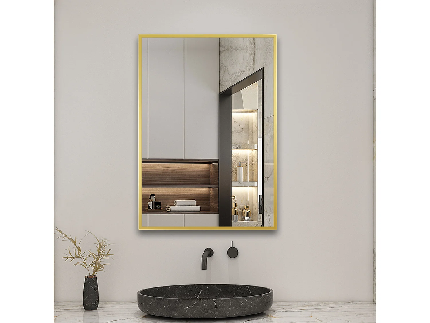Miroir Mural de Salle de Bain Rectangle doré 50 x70cm, cadre en aluminium miroir Aica