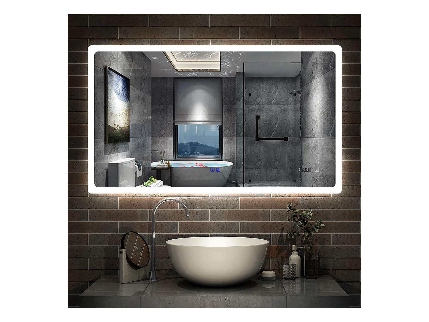 Miroir Salle de Bain avec Bluetooth 120x70cm, Anti-buée+3 Couleurs+Dimmable+Horloge Aica