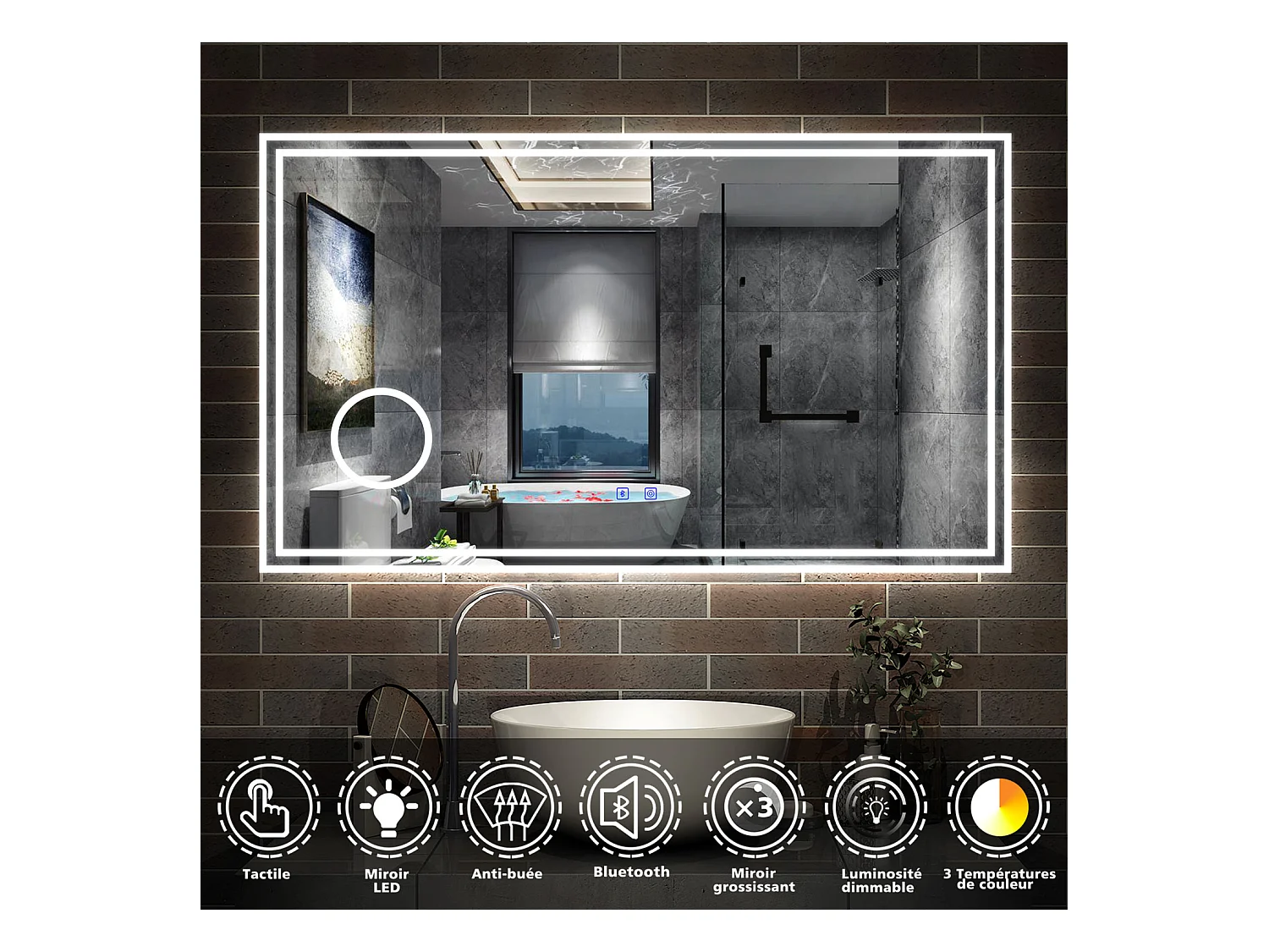 Miroir Salle de Bain LED avec Bluetooth 120x70cm, 3 Couleurs, Anti-buée, Grossissant 3x Aica