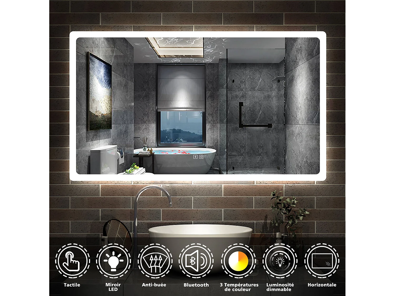 Miroir de Salle de Bain avec Bluetooth, LED Anti-Buée, Dimmable, 3 Couleurs 100x60cm Aica