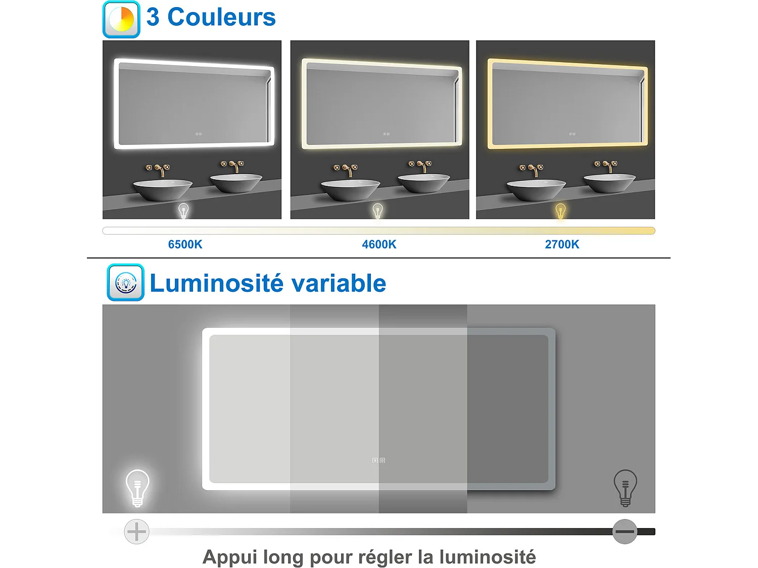 Miroir de Salle de Bain avec Bluetooth, LED Anti-Buée, Dimmable, 3 Couleurs 100x60cm Aica