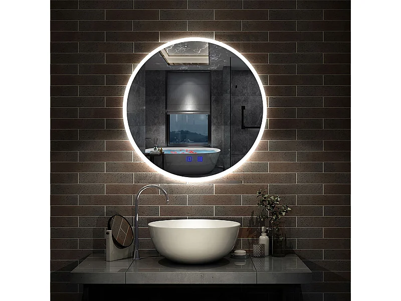 Miroir de Salle de Bain rond LED 70cm avec Bluetooth+Anti-buée+3 Couleurs+Dimmable Aica