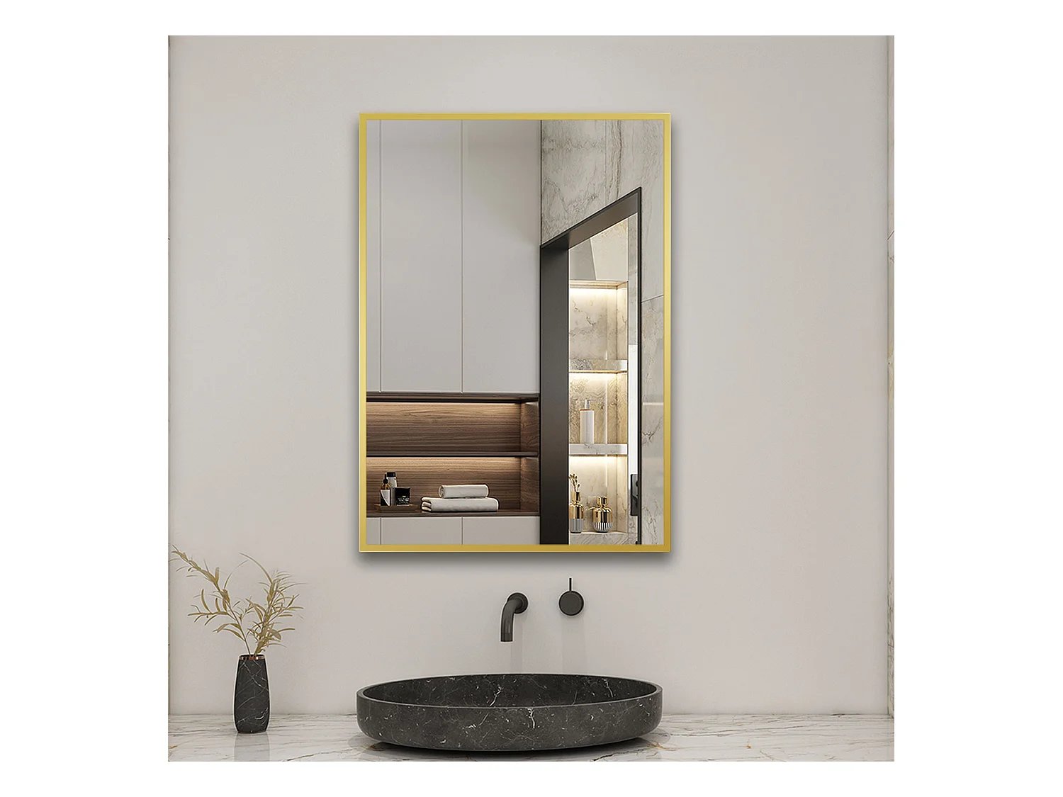 Miroir Mural de Salle de Bain Rectangle doré 60 x80cm, cadre en aluminium miroir Aica