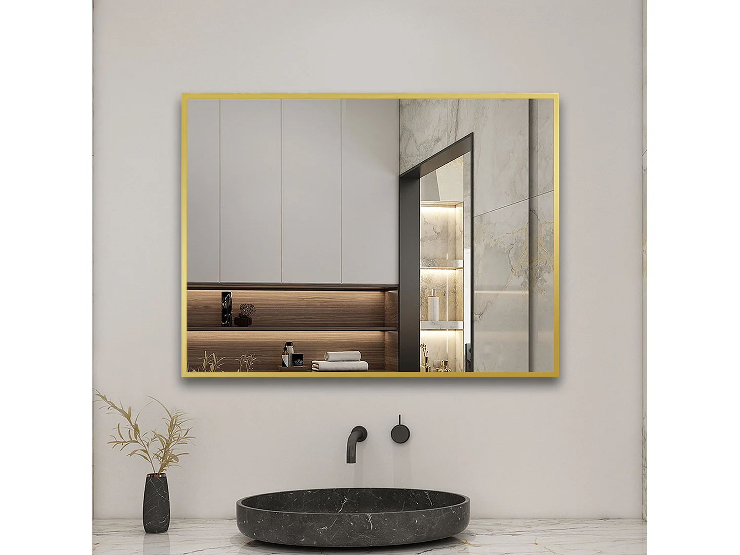 Miroir Mural de Salle de Bain Rectangle doré 60 x80cm, cadre en aluminium miroir Aica