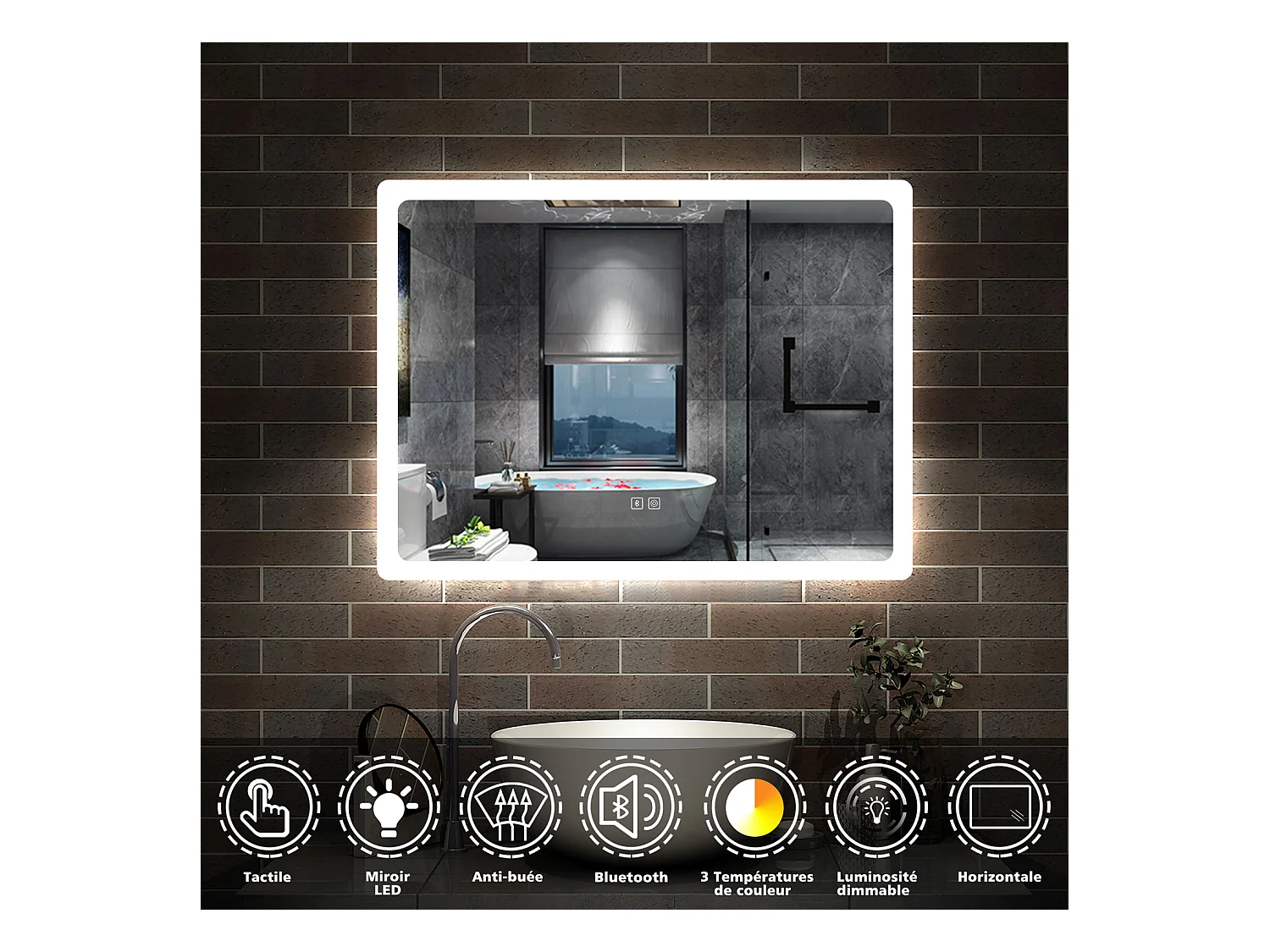Miroir de Salle de Bain avec Bluetooth, LED Anti-Buée, Dimmable, 3 Couleurs 50x70cm Aica
