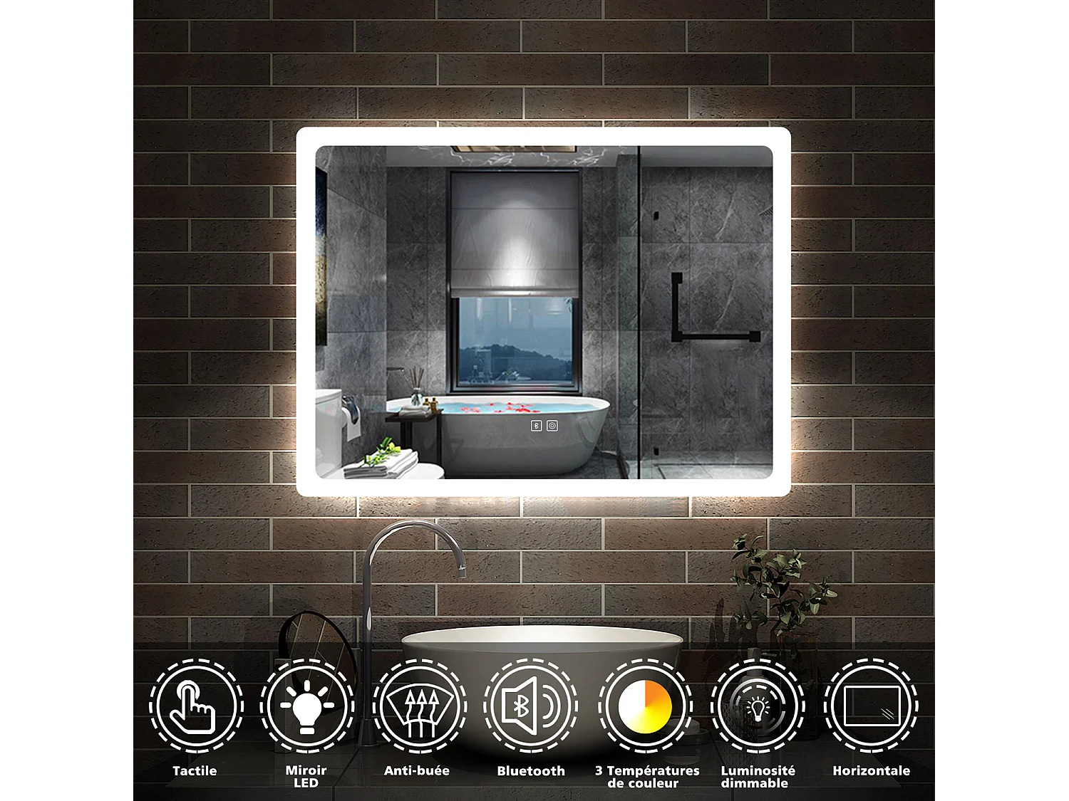 Miroir de Salle de Bain avec Bluetooth, LED Anti-Buée, Dimmable, 3 Couleurs 50x70cm Aica