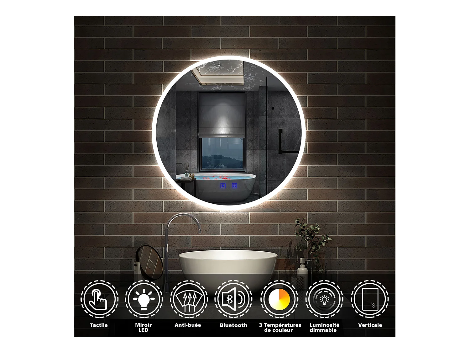 Miroir de Salle de Bain rond LED 60cm avec Bluetooth+Anti-buée+3 Couleurs+Dimmable Aica