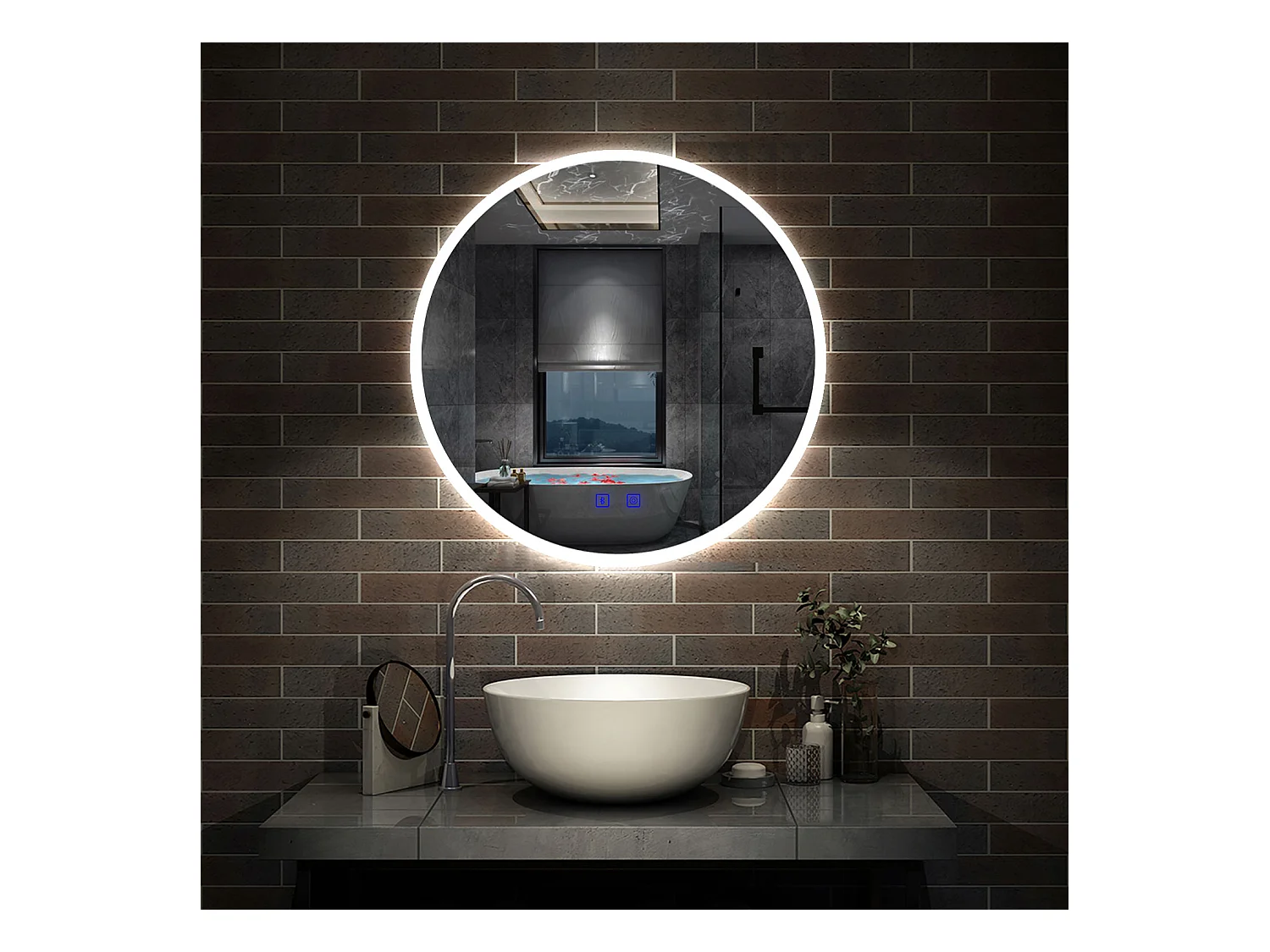 Miroir de Salle de Bain rond LED 60cm avec Bluetooth+Anti-buée+3 Couleurs+Dimmable Aica