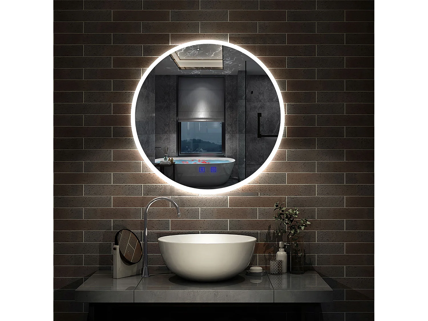 Miroir de Salle de Bain rond LED 60cm avec Bluetooth+Anti-buée+3 Couleurs+Dimmable Aica