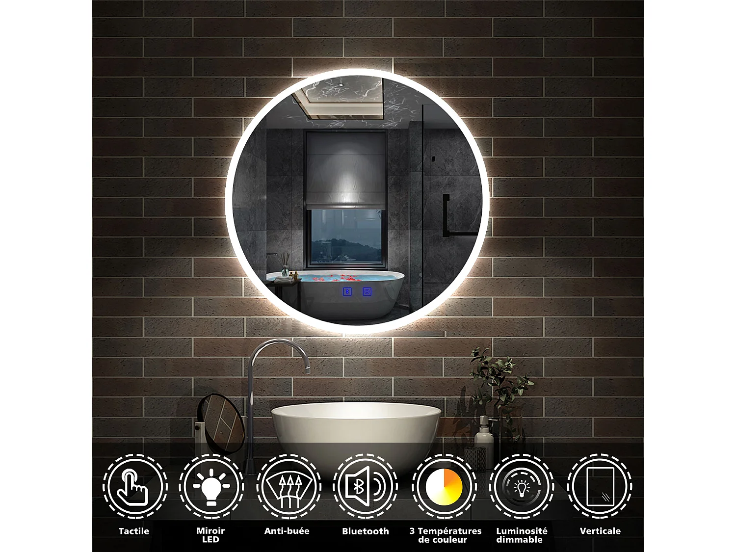 Miroir de Salle de Bain rond LED 60cm avec Bluetooth+Anti-buée+3 Couleurs+Dimmable Aica
