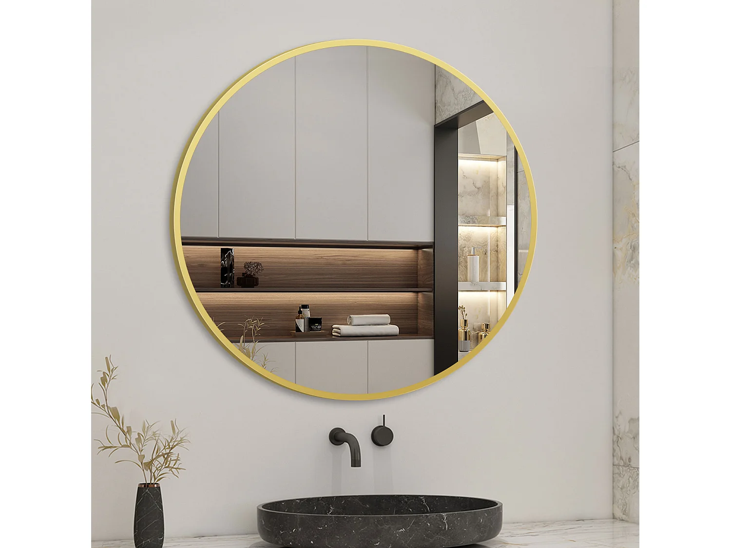 Miroir Mural de Salle de Bain Rond doré 70cm, cadre en aluminium miroir Aica