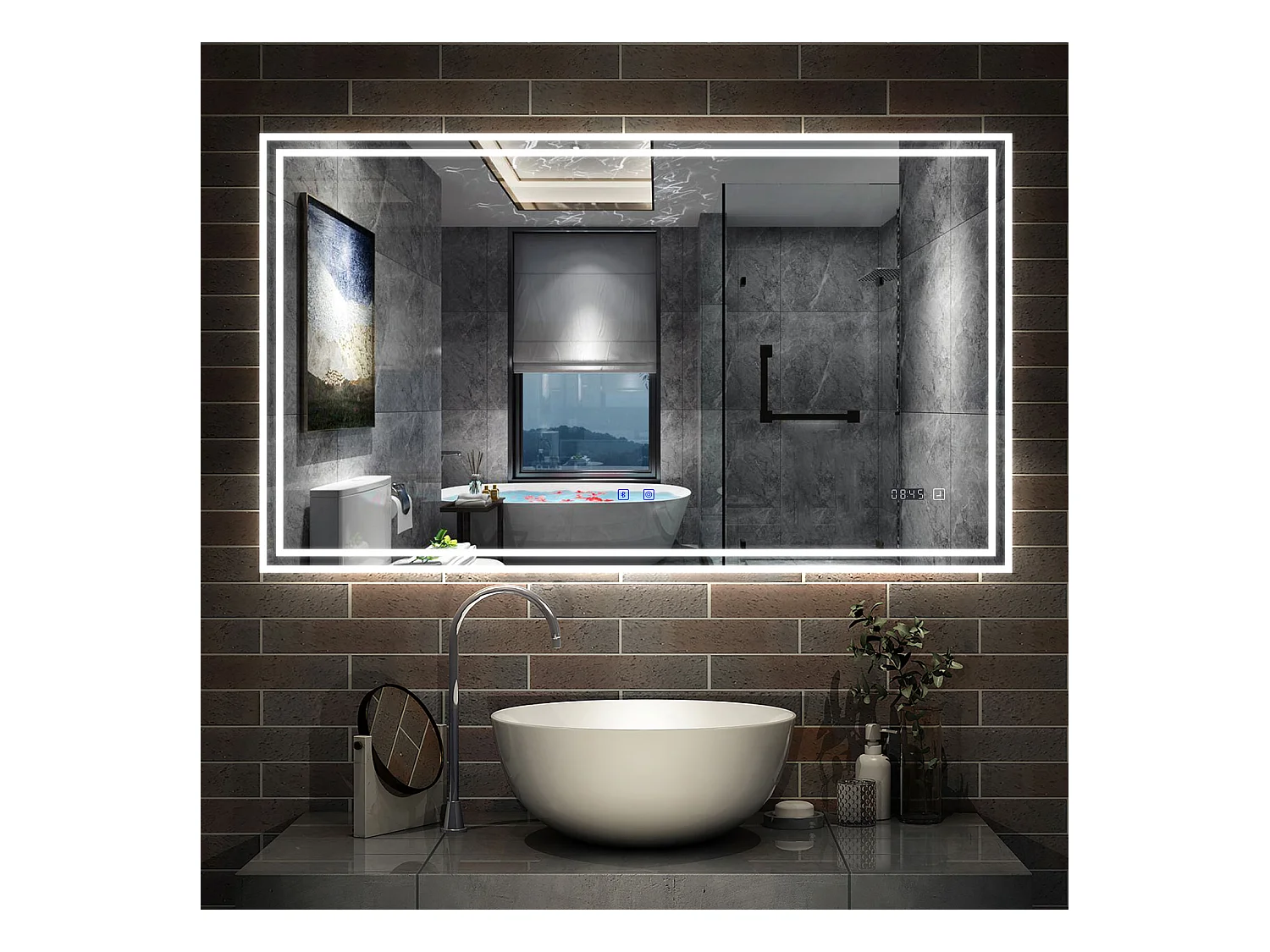 Miroir Salle de Bain LED avec Bluetooth 100x60cm, Horloge+3 Couleurs Dimmable+Anti-buée Aica