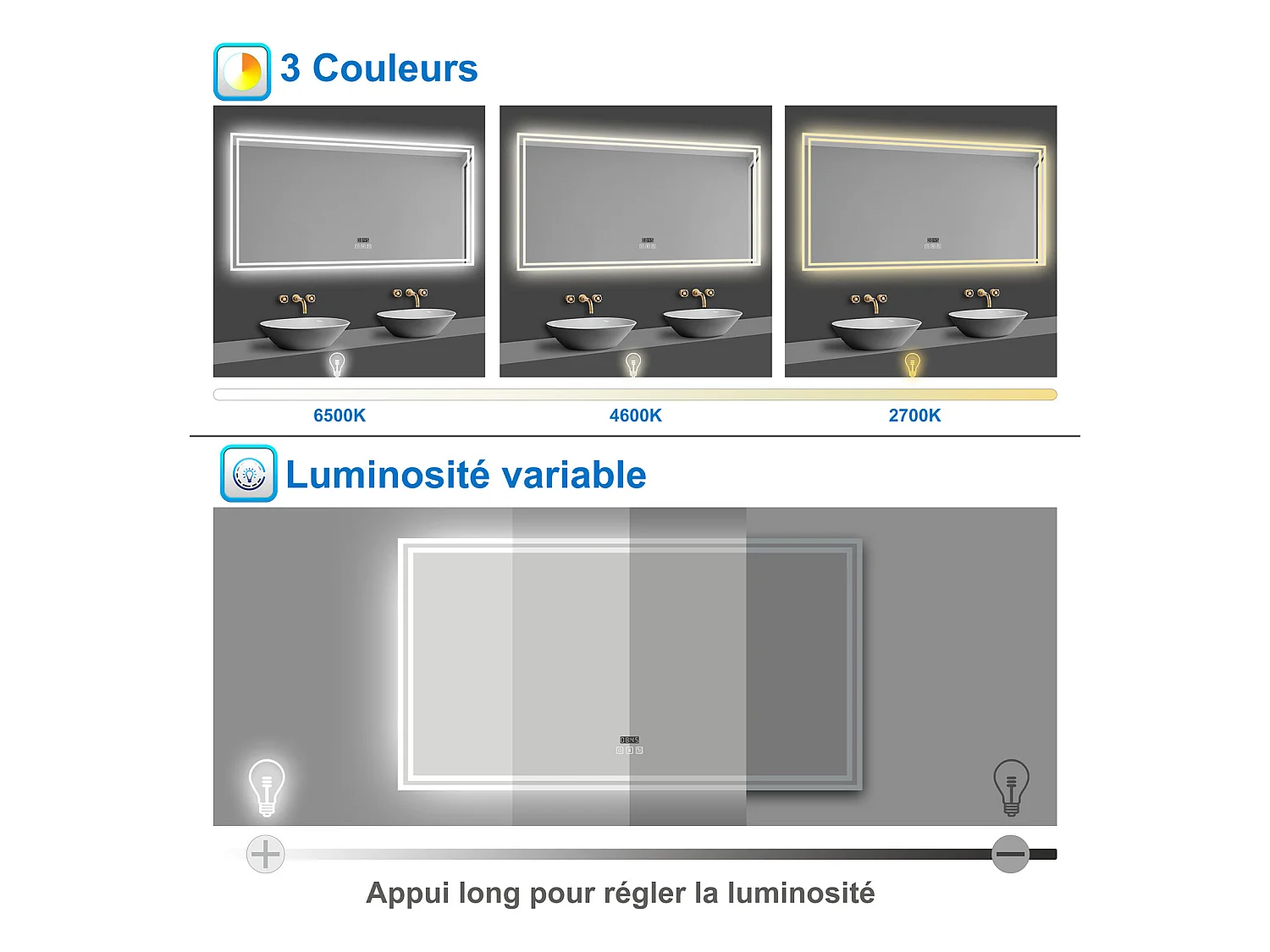 Miroir Salle de Bain LED avec Bluetooth 100x60cm, Horloge+3 Couleurs Dimmable+Anti-buée Aica