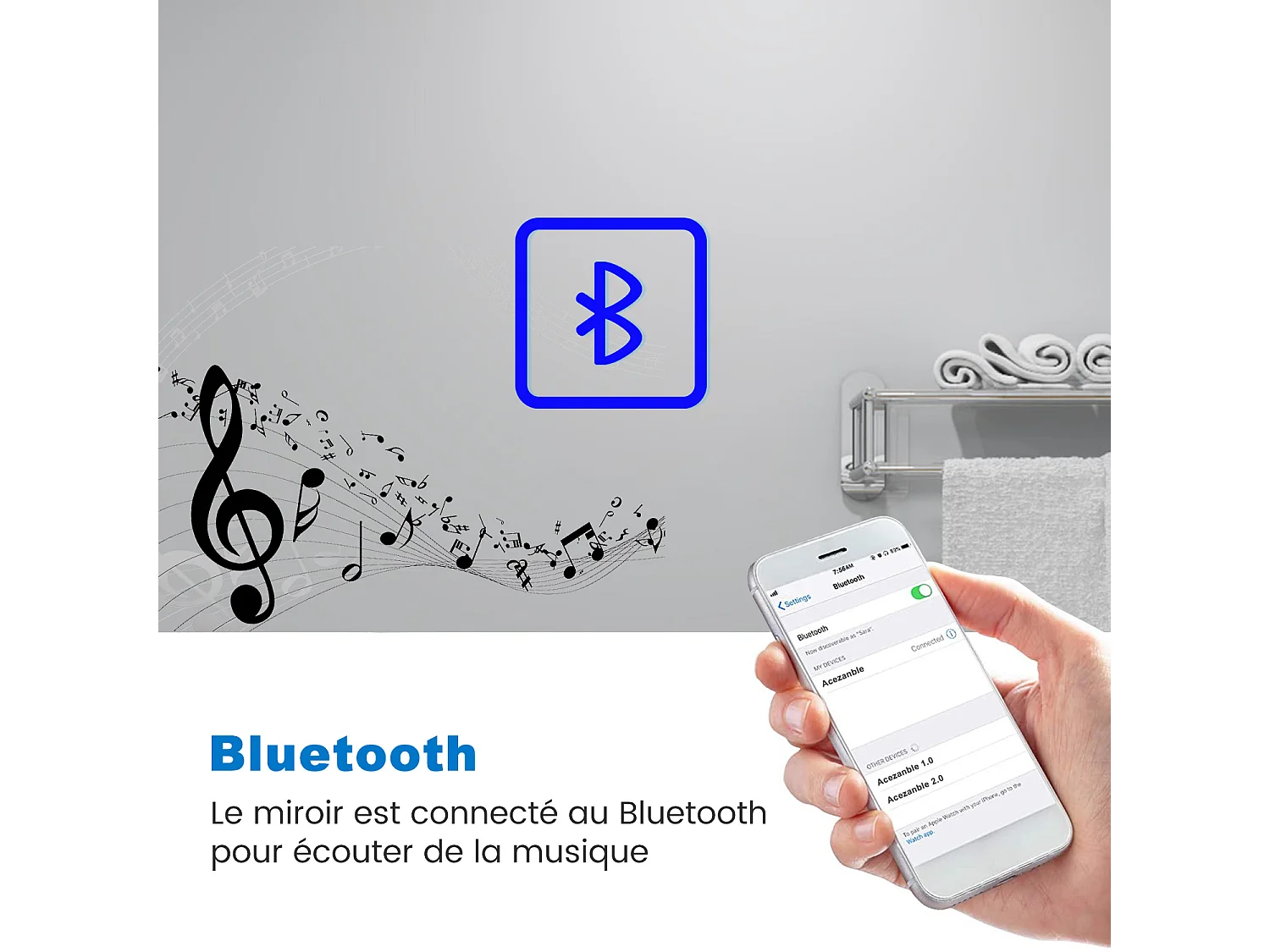 Miroir de salle de bain LED avec Bluetooth 50x70cm, antibuée + 3 couleurs + Dimmable Aica