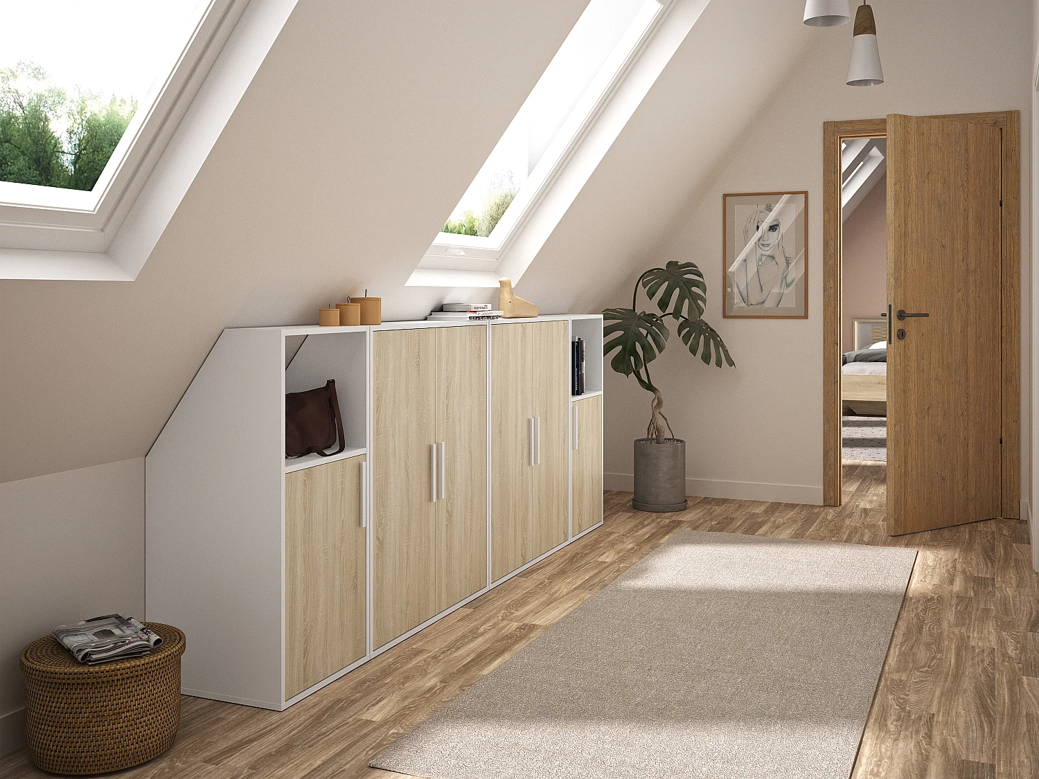 Meuble sous pente 6 portes et 2 niches - Blanc et naturel - ADEZIO