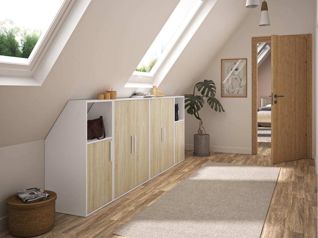 vente unique Meuble sous pente 6 portes et 2 niches - Blanc et naturel - ADEZIO