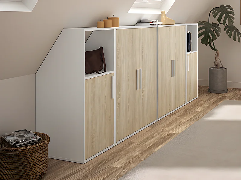 Meuble sous pente 6 portes et 2 niches - Blanc et naturel - ADEZIO