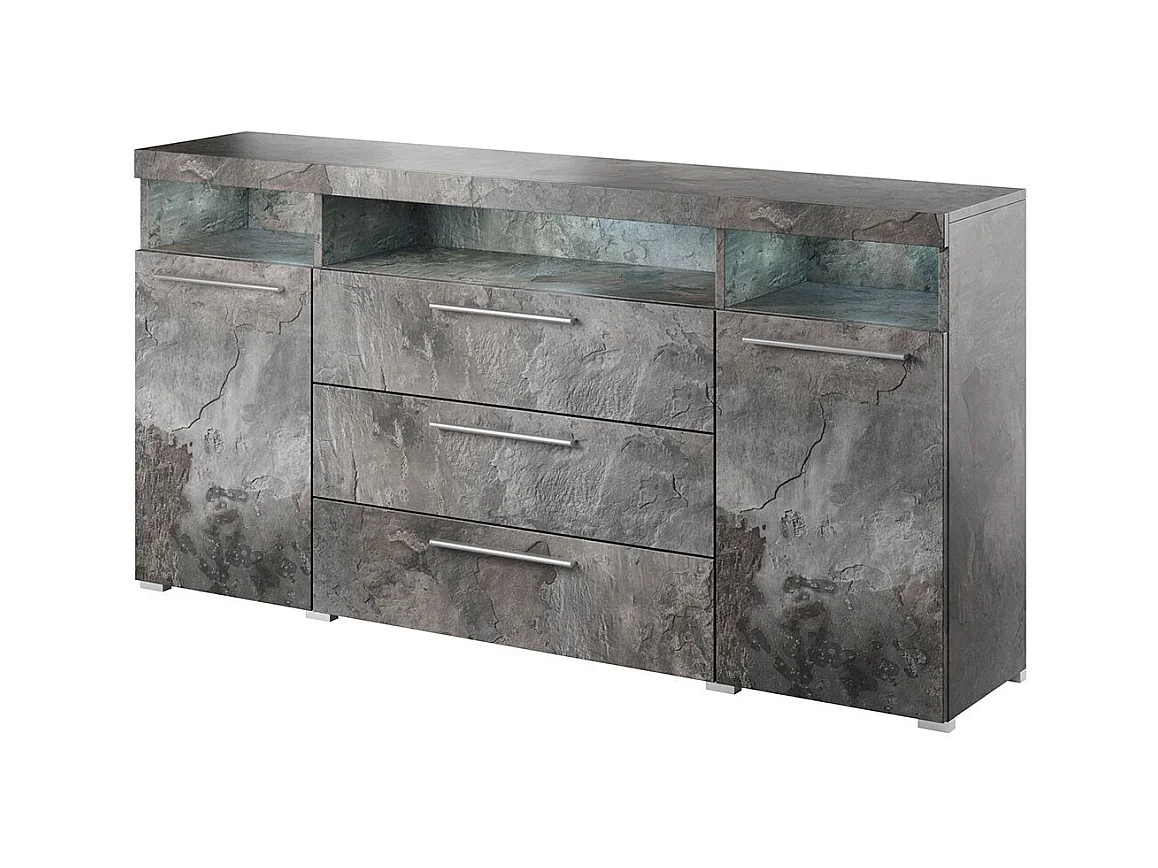 Buffet 180cm pour salon couleur gris effet ardoise avec éclairage LED multicolore intégré collection BOMBAY.