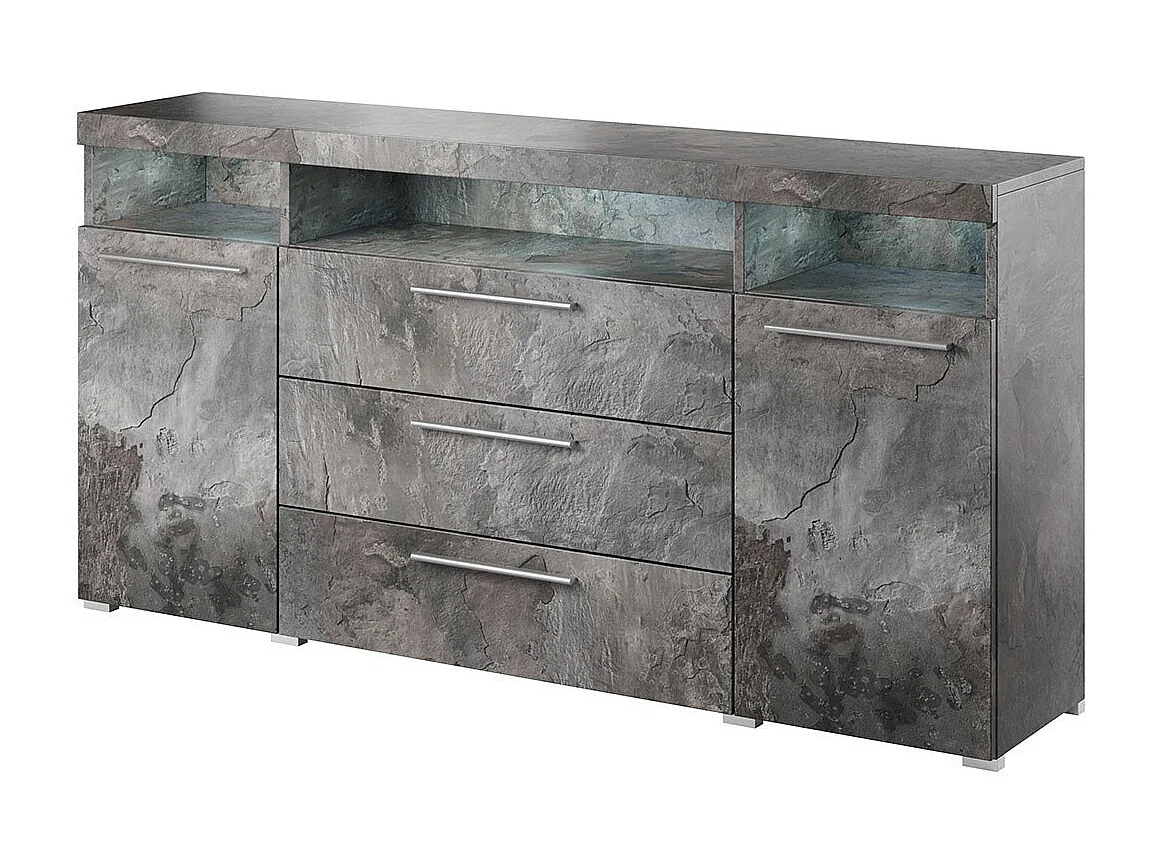 Buffet de 180cm para sala de estar na cor cinza com efeito de ardósia e iluminação LED multicolorida integrada, coleção BOMBAY.