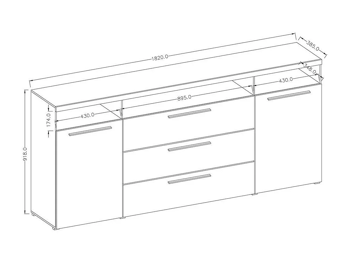 Buffet de 180cm para sala de estar na cor cinza com efeito de ardósia e iluminação LED multicolorida integrada, coleção BOMBAY.