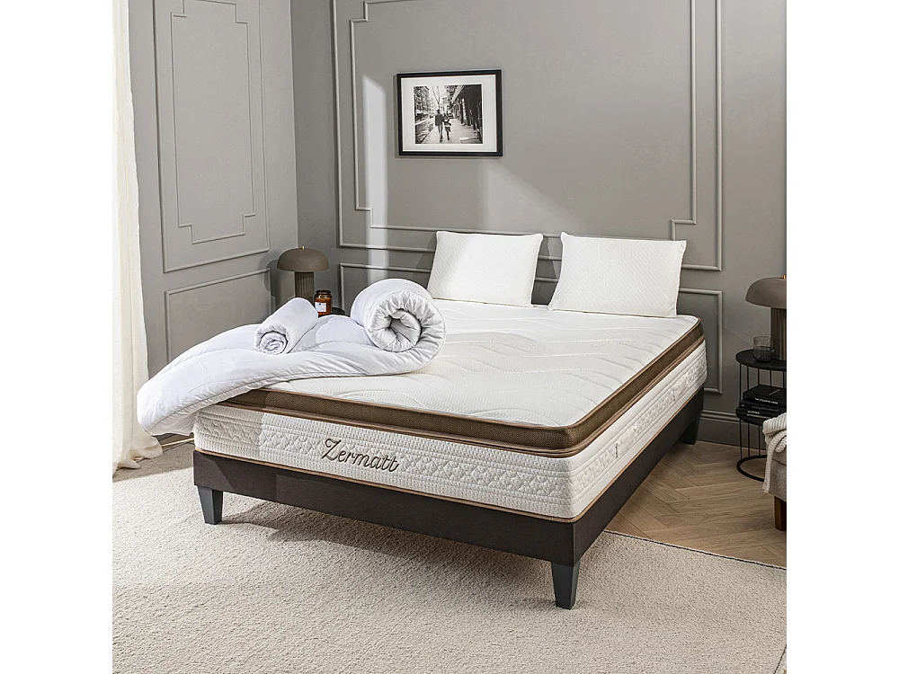 BELLECOUR LITERIE | Pack Prêt à dormir ZERMATT 140x200 cm | Matelas Mémoire de forme + Sommier + Accessoires