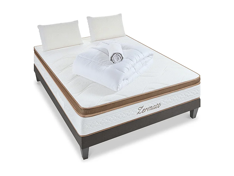 BELLECOUR LITERIE | Pack Prêt à dormir ZERMATT 140x200 cm | Matelas Mémoire de forme + Sommier + Accessoires