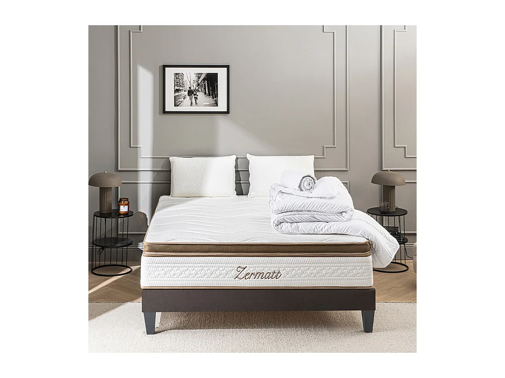 BELLECOUR LITERIE | Pack Prêt à dormir ZERMATT 180x200 cm | Matelas Mémoire de forme + Sommier + Accessoires