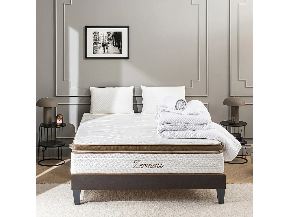 BELLECOUR LITERIE | Pack Prêt à dormir ZERMATT 180x200 cm | Matelas Mémoire de forme + Sommier + Accessoires