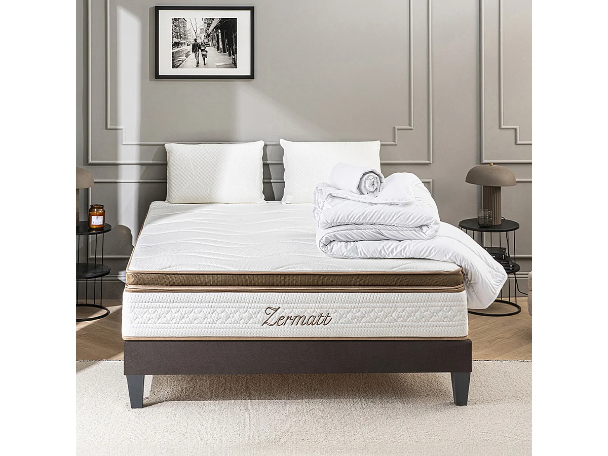 Pack Zermatt 180x200 cm Matelas Mousse + Sommier Bois + Accessoires