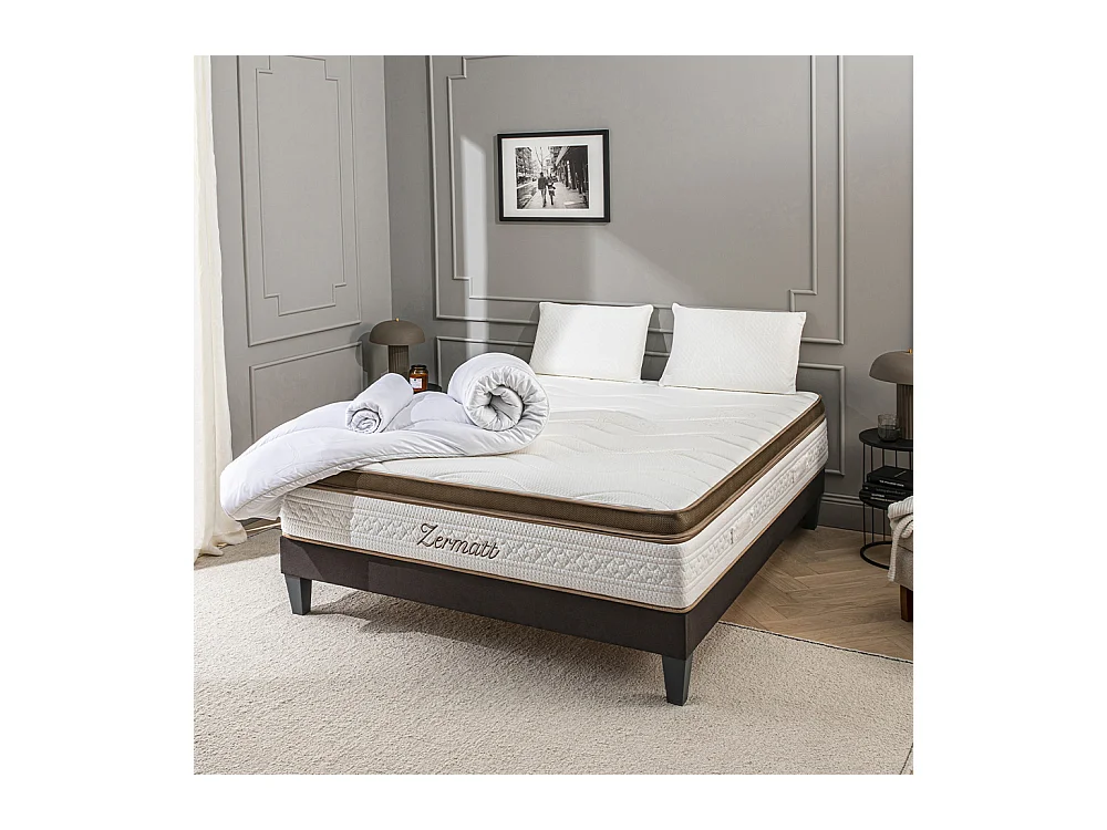 BELLECOUR LITERIE | Pack Prêt à dormir ZERMATT 160x200 cm | Matelas Mémoire de forme + Sommier + Accessoires