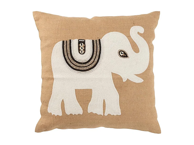 Coussin Déco Jute "Eléphant" 60x60cm Beige & Blanc