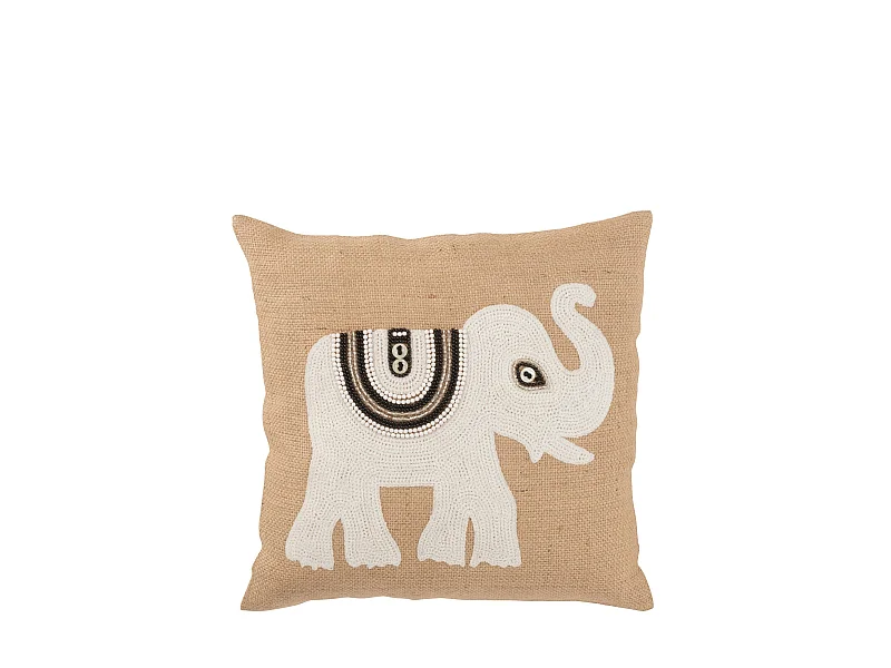 Coussin Déco Jute "Eléphant" 45x45cm Beige & Blanc