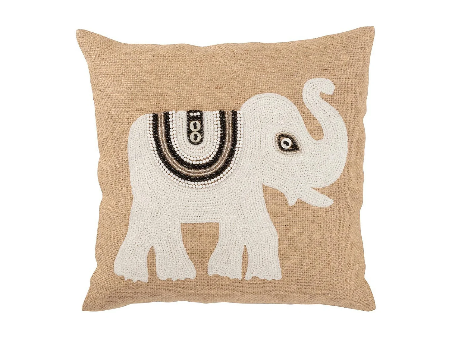 Coussin Déco Jute "Eléphant" 45x45cm Beige & Blanc