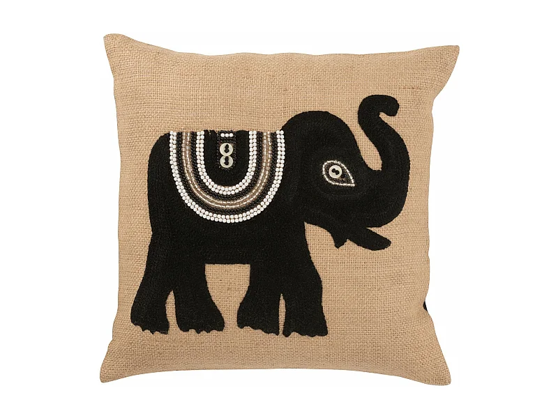 Coussin Déco Jute "Eléphant" 45x45cm Beige & Noir