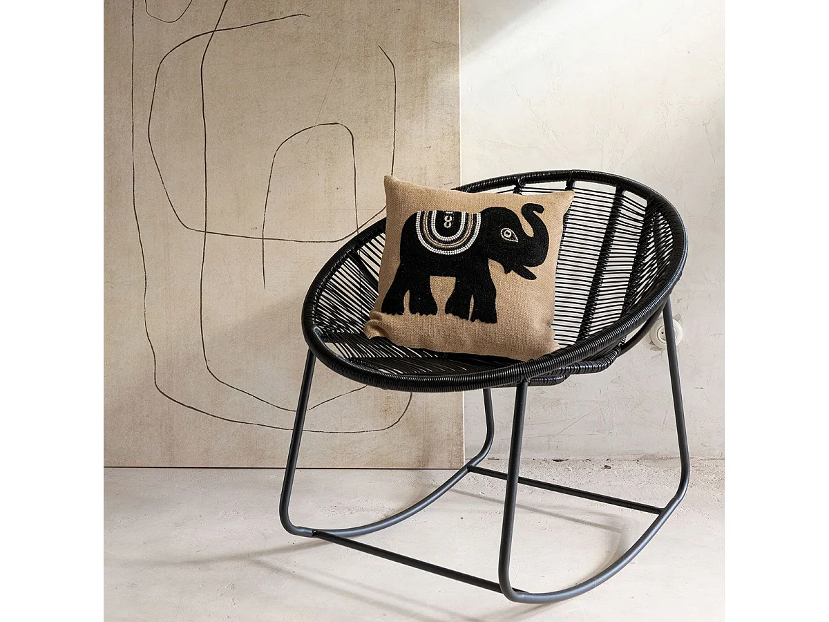 Coussin Déco Jute "Eléphant" 45x45cm Beige & Noir